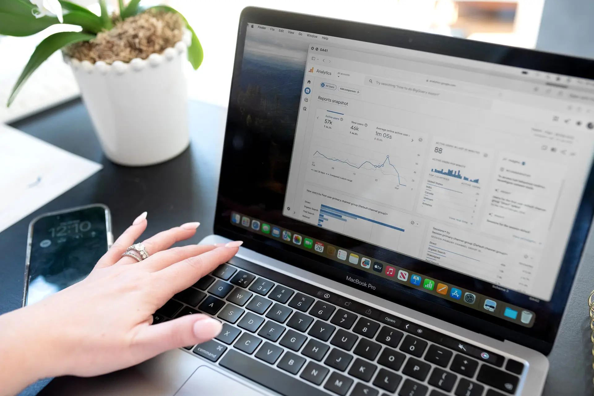 Google Analytics on a laptop screen with a hand on the keyboard